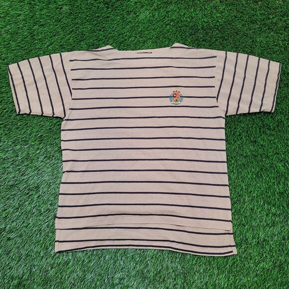 Vintage 90s Striped Boat Neck T-Shirt Mens M Drop Shoulder Preppy Crest - Picture 1 of 11